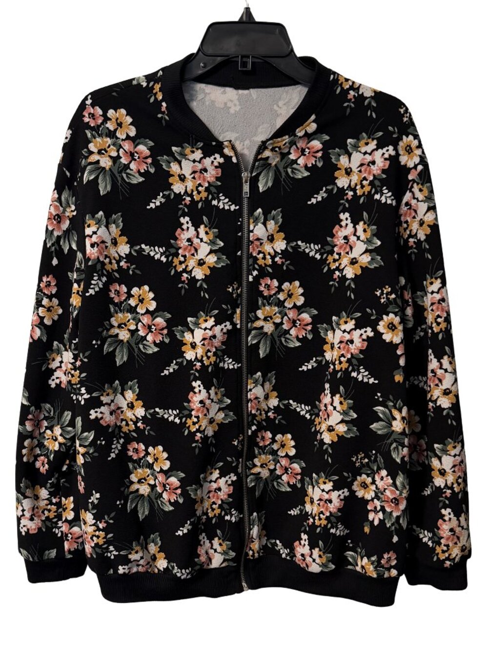 Women's floral print bomber jacket | Black Pink | Size XXL